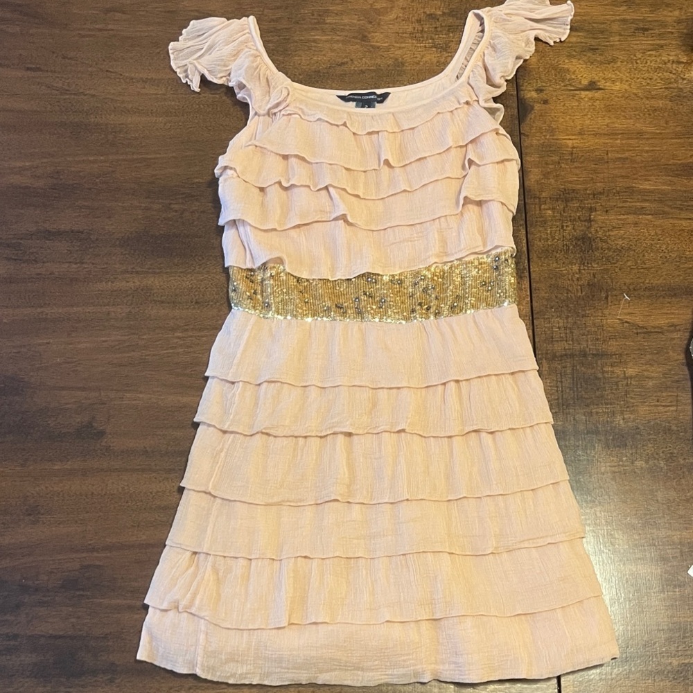 French Connection Dusty Rose Layered Ruffled Mini Dress with Gold Sequin Detail